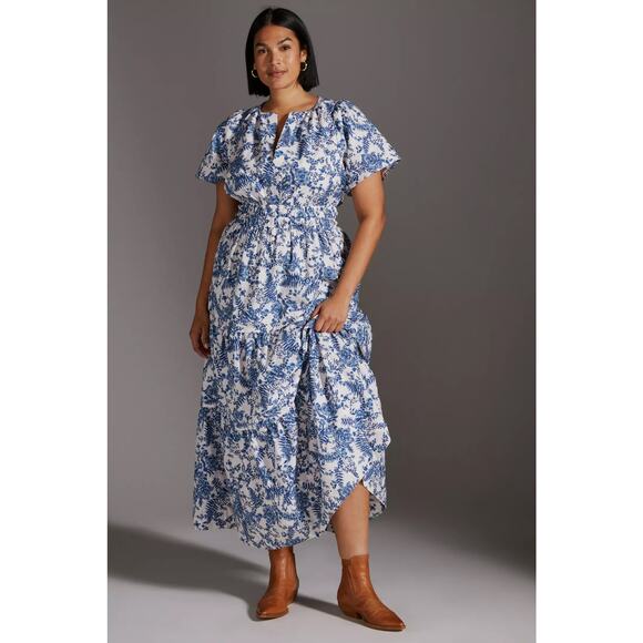 nwt by ANTHRPOLOGIE sz 1X Somerset Maxi Dress Blue White Floral Motif - Picture 1 of 7